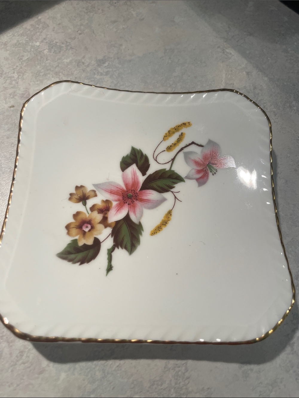 White Floral Gold-Trim Square Dessert Plate